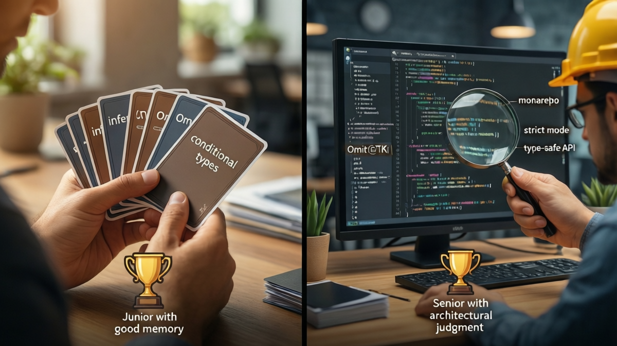 Split-screen comparison: left side shows memorization of TypeScript syntax trivia being rewarded, right side shows real-world engineering problem-solving being undervalued